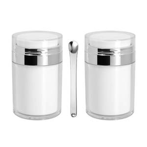 lot 18194 image: 2Pack Airless Pump Jars with Cosmetic Spatula, 3.5 oz Empty Refillable Cosmetic Air Pump Jars Bottles Airless Lotion Cream Dispenser Portable Travel Makeup Containers (Silver)