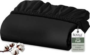 lot 18212 image: Royale Linens 100% Organic Cotton Fitted Sheet - Percale Weave - Super Soft Deep Pocket Bottom Sheets - Black Elastic Sheet Full Size - Full Fitted Sheets Only - (54x7515, Black)