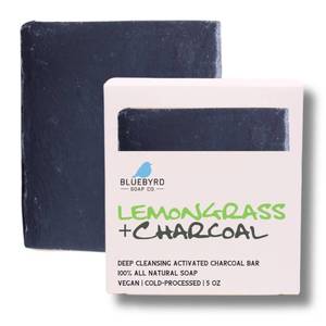 lot 18214 image: BLUEBYRD Soap Lemongrass Essential Oil Soap - 100% All Natural Charcoal Black Soap Bar  Detoxifying, Cleansing Activated Charcoal Body Wash Bar - Handmade in USA, Vegan (Lemongrass Charcoal