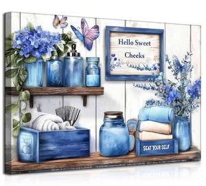 lot 18234 image: Navy Blue Farmhouse Bathroom Canvas Wall Art Blue Flowers and Butterflies Painting Picture Wall Decor Poster Print Artwork Toilet Washroom Restroom Home Decoration