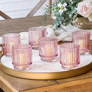 lot 19178 image: Blush Pink Vintage Ribbed Glass Tealight Votive Candle Holders by Kate Aspen (Set of 6), Pink Decor, Boho Decor, Shelf Decoration, Rose Gold Look  Perfect Hostess Gift