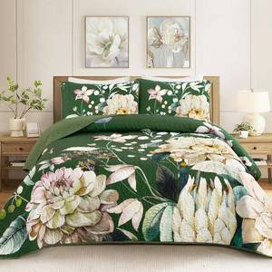 lot 19203 image: Drucon Floral Quilt King Size - 3 Pieces Green Quilt Botanical Bedspread Soft Lightweight Flower Bedding Set for All Season (104x90)