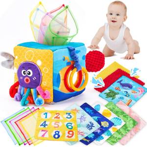 lot 20047 image: hahaland Baby Tissue Box Toy - Baby Toys 6-12 Months Montessori Toys for 6 Month Old with Textured Tails, Crinkle Tissues, Squeaky, Mirror, Play Silks Sensoy Scarves Baby Gifts Easter Basket Stuffers