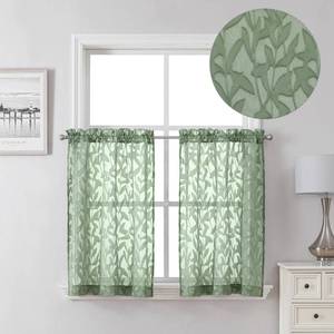 lot 20068 image: Lecloud Leia 36 Inch Sheer Curtains Sage Green Tiers for Kitchen 2 Pieces, Double Rod Pockets Window Living Room Curtain for Small Window, Jacquard Leaves Voile BathroomBedroom Drapes, 38x36 Inches