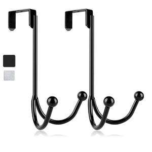 lot 20366 image: HFHOME 2Packs Over The Door Double Hanger Hooks, Metal Twin Hooks Organizer for Hanging Coats, Hats, Robes, Towels- Black
