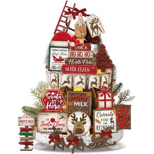 lot 20370 image: CroBlissful 23 Pcs Winter Tiered Tray Decor Snowman Farmhouse Decor Christmas Tiered Sign Winter Table Centerpieces Snowman Wood Blocks Signs for Home Shelf, Without Tray(Red,Elk)