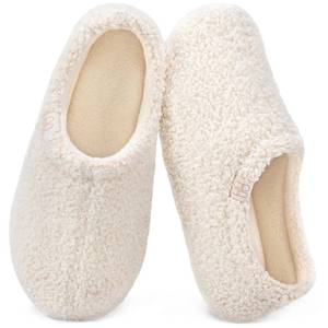 lot 20375 image: HomeTop Womens Fuzzy Curly Fur Memory Foam Loafer Slippers Bedroom House Shoes with Polar Fleece Lining (8.5, Cream White)