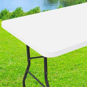 lot 20381 image: Moosfor Spandex 8 Foot Rectangle Table Cloth, Elastic Fitted Tablecloths for Picnic, Stretch Washable Patio Table Cover for Outdoor, Camping, Banquet and Parties (White, 30x96)