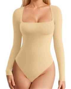 lot 20389 image: MANGOPOP Womens Square Neck Long Sleeve Bodysuit Sexy Double Lined Thong Body Suits Going Out Tops Ochre Medium