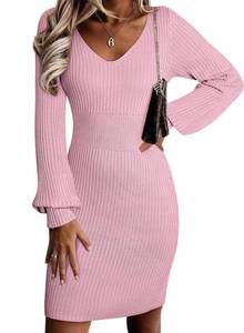 lot 20416 image: Sidefeel Sweater Dress for Women 2025 Fall Casual Long Sleeve V Neck Ribbed Sweaters Sexy Bodycon Knit Dress Small Pink