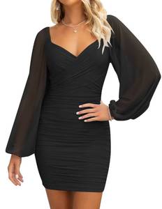 lot 20417 image: ZESICA Womens Sexy V Neck Ruched Bodycon Mini Dress Puff Long Sleeve Cocktail Wedding Party Short Dresses,Black,Medium