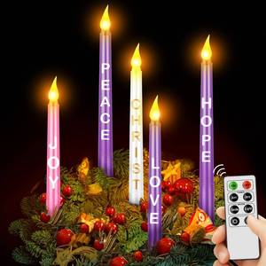 lot 20423 image: 5 Pcs LED Flameless Advent Candle Set Christmas Advent Candles with Words Hope Peace Love Joy Christ and Remote Purple Pink White Taper Candles for Church Advent Wreath (Simple with Words and Remote)