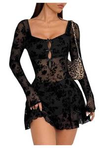 lot 20425 image: Milumia Womens Floral Lace Cut Out Mini Dress Sexy Long Sleeve Bow Decor Party Club Mesh Short Dresses Black Petite-M