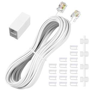 lot 20495 image: moeverEX Phone Extension Cord 25 Ft, Telephone Cable with Standard RJ11 Plug and 1 in-Line Couplers and 20 Cable Clip Holders, White