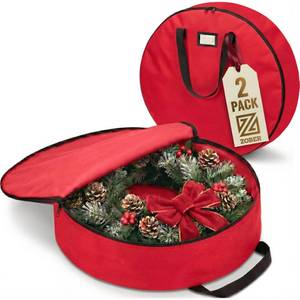 lot 20498 image: ZOBER 2 Pack Oxford Christmas Wreath Storage Container 24 Inch - Wreath Bag for Artificial Wreaths Box - Waterproof Fabric, Dual Zippered Wreaths Storage Bag With Strong Durable Handles - Red