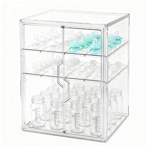 lot 3033 image: Baby Bottle Organizer, 3-Tier Bottle Storage for Countertop with Double Magnetic Doors, Clear Plastic Bottle Station Organizer with 2 Adjustable Dividers for Kitchen, Bathroom, Cabinet, Vanity