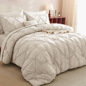lot 3044 image: CozyLux Full Size Comforter Sets Beige, 7 Pieces Bed in A Bag Beige Comforter Full Size, Pinch Pleat Bedding Sets with All Season Comforter, Sheets, Pillowcases & Shams