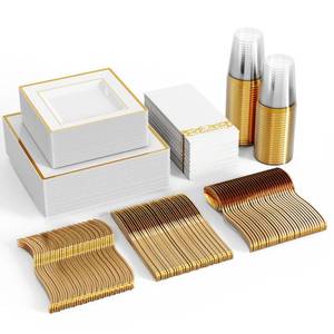 lot 3047 image: FOCUSLINE 350 Ct Disposable Dinnerware Set for 50 Guests -Heavy Duty Square Plastic Plates with Gold Rim, Includes 50 Dinner & Salad Plates, Cups, Napkins, Cutlery Set