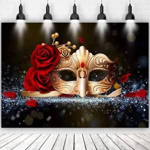 lot 3055 image: Masquerade Party Backdrops Golden Mask Red Rose Backdrop for Fiesta Mardi Gras Event Dance Photo Background Birthday Studio Photo Video Shoot Props (Vinyl-10x6ft)