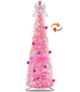lot 3058 image: 6 Ft Pop Up Tinsel Christmas Tree Christmas Pink Decor, Dual Color Change Lights DIY Ornaments Skinny 1 Minute Tree Warm White & Multicolor Light Timer Christmas Decoration Holiday Valentines Day