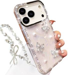 lot 4049 image: Changjia for iPhone 17 Pro Max Glitter Butterfly Case,Cute Girly 3D Pearl Crystal Diamond Bling Sparkle with Wrist Strap Chain Soft TPU Aesthetic Women Girl Phone Case for iPhone 17 Pro Max 6.9,White