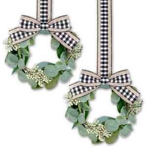 lot 4052 image: Syhood 2 Pieces 9 Mini Eucalyptus Wreath Artificial Spring Summer Greenery Wreath for Front Door Farmhouse Kitchen Cabinet with Ribbon for Porch Wall Window Decor(Plaid Bow Style)