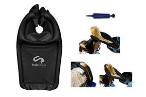 lot 4061 image: Inflatable Shampoo Funnel Cape for Washing Hair in Any Chair and Basin. Black Portable Tray Device to Use in Salon, at Home, Nursing Home or Hospital to Help Keep Clothes Dry Pump Included