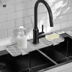 lot 4072 image: Meiliweser Silicone Faucet Mat for Kitchen Sink �� Gen 3 10° Slope Splash Guard with Cuttable Hole �� 14�� x 5.5�� Drip Catcher & Sponge Holder for Kitchen, Bathroom (Gray)