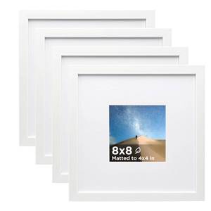 lot 4076 image: KINLINK 8x8 Picture Frame White Set of 4, Wooden Square Photo Frames Matted 4x4 with Plexiglass for 4x4 with Mat or 8x8 without Mat for Table and Wall Display