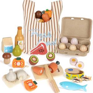 lot 4093 image: Lehoo Castle Wooden Play Food Sets for Kids Kitchen, Food Toys for Toddlers 3 Year Old, Pretend Food Play Kitchen Accessories, Cutting Fruits Vegetables Toys, Gift for Boys Girls