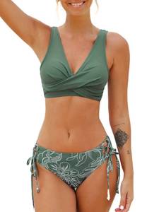 lot 4122 image: CUPSHE Womens Swimwear Swimsuit Bikini Set Wrapped Front Lace Up Back Floral Two Piece Bathing Suit, Large, Dark Green