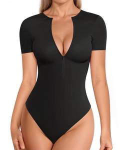 lot 4123 image: MANGOPOP Short Sleeve Body Suits Women Crew Neck Zip Up Bodysuit for Women Ribbed Deep V Sexy Bodysuit Shirts Black Large