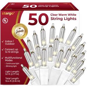 lot 4135 image: Clear Warm White Christmas Lights - 9 ft String of 50 Incandescent Mini Bulbs Multifunctional Lighting Modes, for Decorative, Bedroom, Outdoor, Xmas Twinkle Tree Lights with White Wire Total 10.4 ft