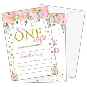 lot 4137 image: Onederful 1st Birthday Party Invitations for Girls, Miss Onederful Theme Birthday Parties Supplies Decorations, Blush Pink Floral Fill-in Invites, Double-sided Cards(20 Invitations and Envelopes)-C28