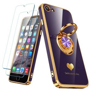 lot 4139 image: Nonional Compatible for iPhone 6  6s Case with 2 Pack Screen Protector, 360° Rotatable Ring Holder Luxury Hearts Pattern Plating Gold Edge Slim Soft Phone Case for iPhone 66s - Purple