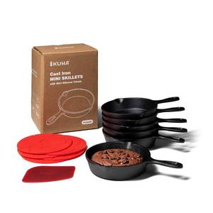 lot 4141 image: KUHA Mini Cast Iron Skillets 4 (Pack of 6) - Black Non Stick Frying Pans with 6 Small Silicone Trivets and Scraper - Set of Miniature Skillets, Small Frying Pan Skillet with Lid