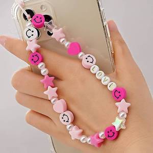 lot 4146 image: LUSTEMBER Cute Beaded Phone Charm, Smiley Face Wrist Strap, Colorful Handmade Polymer Clay and Pearl Chain