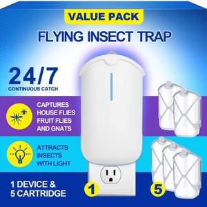 lot 4150 image: INRAGEO Flying Insect Trap & 5 Cartridges - Attracts and Traps Flying Insects Fruit Flies Mosquitoes - Compatible with M364A Refill (1 Plug-in Base  5 Cartridges)