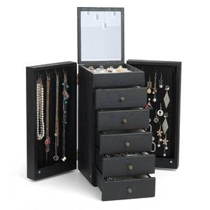 lot 9486 image: Meangood Jewelry Box Wood for Women, 6-Layer Large Organizer Box with Mirror & 5 Drawers for Rings, Earrings, Necklaces, Vintage Style, Black