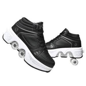 lot 11520 image: Double-Row Deform Wheel Automatic Walking Shoes Invisible Deformation Roller Skate 2 in 1 Removable Pulley Skates Skating Parkour (Black high, US9)