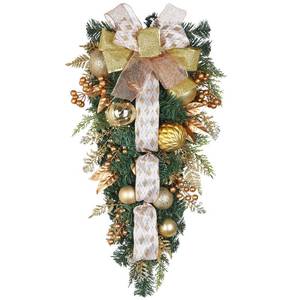 lot 11523 image: Christmas Teardrop Swag for Front Door with Ornaments, Berries, Bow, 27.5Christmas Swag Wreath for Stair Window Wall Mantel, Artificial Christmas Swags for Indoor & Outdoor Winter Holiday Decor, Gold