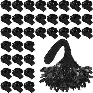 lot 11528 image: Xuhal 200 Pack Plastic Whistles with Lanyard Bulk Black Coach Whistles Referees Whistles Loud Crisp Sound Whistles for School Student Training Emergency Sports Party Fillers