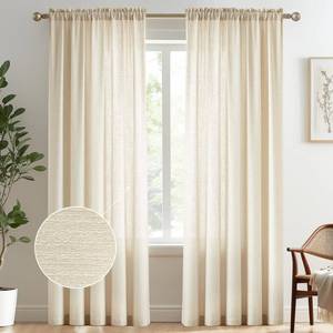 lot 11536 image: Melodieux Beige Semi Sheer Curtains 84 Inches Long for Living Room, Bedroom Linen Look Farmhouse Rod Pocket Shiny Sheer Curtain Drapes Light Filtering Home Office, 52 W x 84 L, 2 Panels