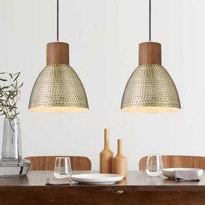 lot 11541 image: ELYONA 2 Pack Hammered Pendant Light Fixtures, 10.2 Vintage Metal Solid Wood Hanging Bar Lamp, Mid Century Antique Gold Pendant Lights for Kitchen Island, Farmhouse, Dining Room, Brushed Brass