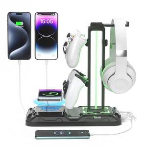 lot 11563 image: KDD Headphone & Controller Stand with Wireless Charging - Rotatable Headset Stand with 9 Light Modes - Controller Holder with 2 USB and Type C Ports - for Gamers Desktop Accessories