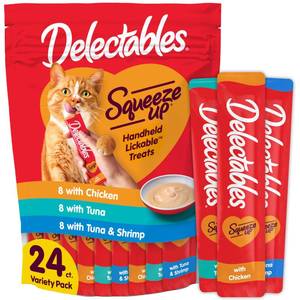 lot 12023 image: Delectables Squeeze Up Variety Pack, Creamy Squeezable Puree, Lickable Wet Cat Treats, Grain Free, No Added Fillers, No By-Products, No Added Preservatives, 0.5 Ounces Tube, 24 Tubes Total