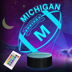 lot 12044 image: 3D Football Michigan Night Light, Football Gifts, 3D Illusion Lamp for Boys Gift 16 Changing Color Remote Control Kids Room Lighting Ball Decor (Michigan Multicoloured)