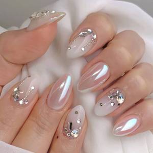 lot 12056 image: RUOKEXIN Almond Press on Nails Short Fake Nails White Ombre False Nails with Rhinestones Designs Plating Nail Press ons Sparkly Artificial Nails for Women 24Pcs