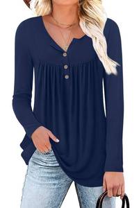 lot 12070 image: Aodemo Womens Fall Long Sleeve Tunic Tops Henley Shirts Button Down Peasant Blouses M, Navy Blue