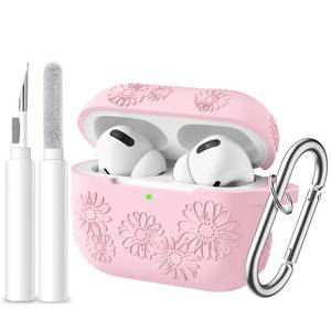 lot 12074 image: Lerobo for Airpods Pro 2 Case Cover, Cute Floral Embossed Soft Silicone Full Protective Cover Accessories with Cleaning Kit & Keychain Compatible with Apple Airpod Pro Case for Women,Pink
